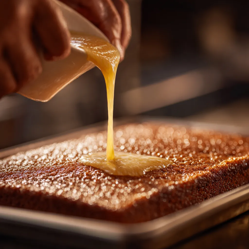 Pouring condensed milk mixture over a freshly baked sheet cake.