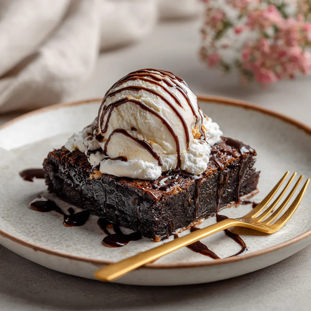 Slice of peanut butter chocolate sheet cake served with vanilla ice cream.