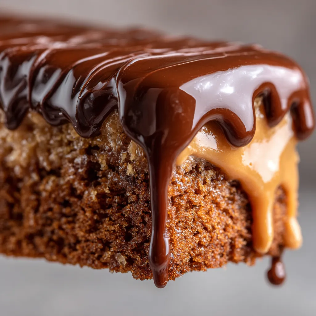 Close-up of moist peanut butter chocolate sheet cake slice with icing.