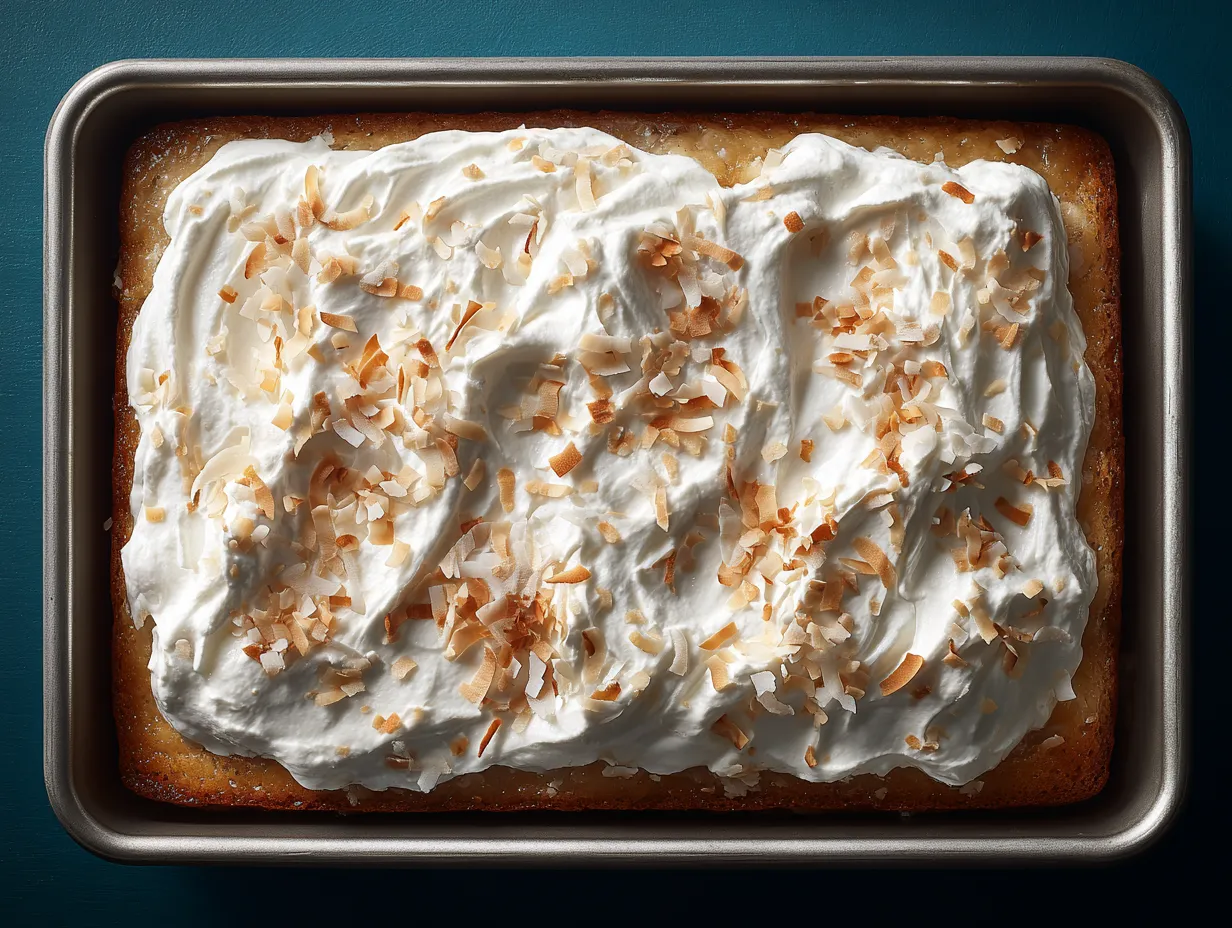 Home 12 Moist sheet cake with condensed milk topped with whipped cream and coconut flakes in a baking pan.