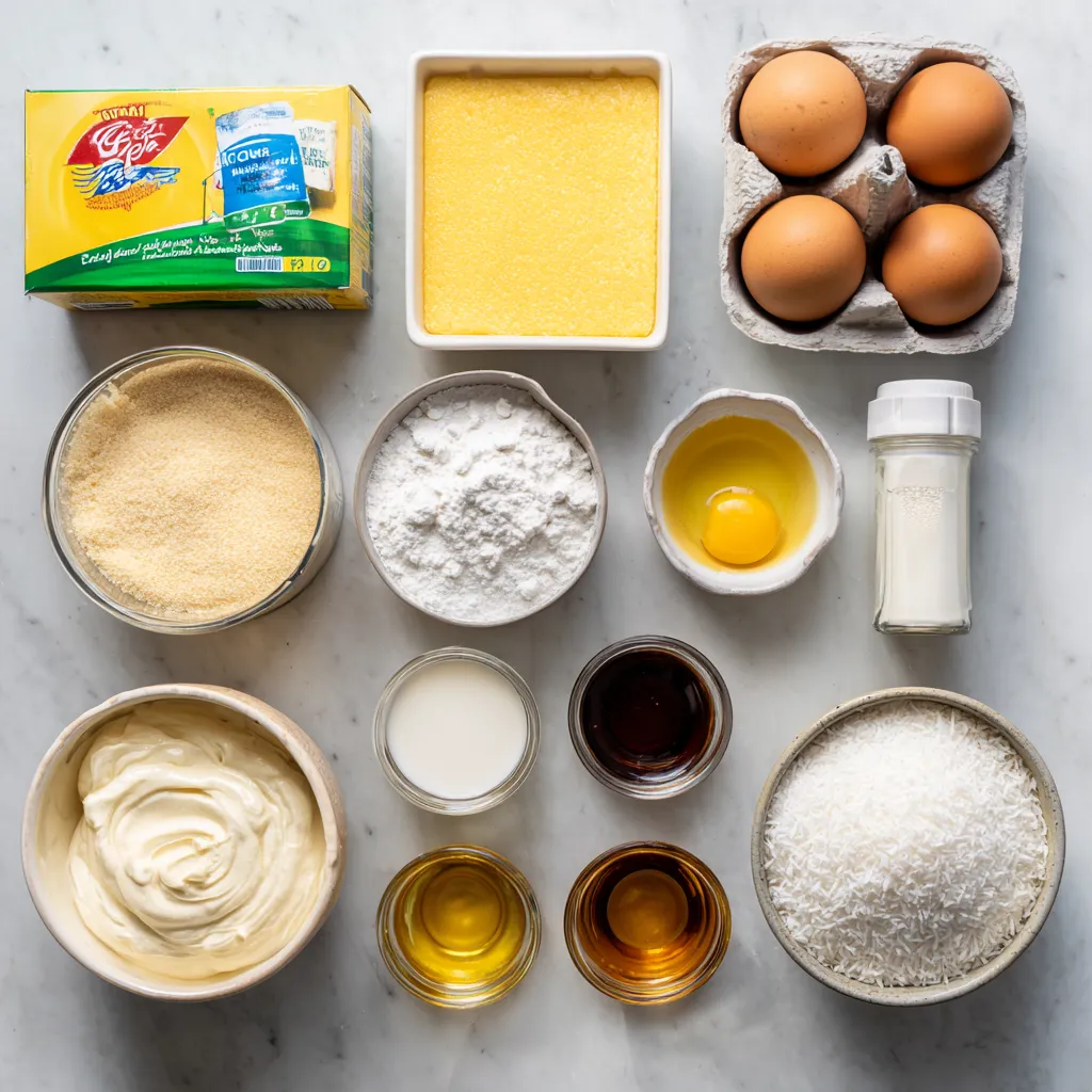 Flatlay of ingredients needed to make a sheet cake with condensed milk.