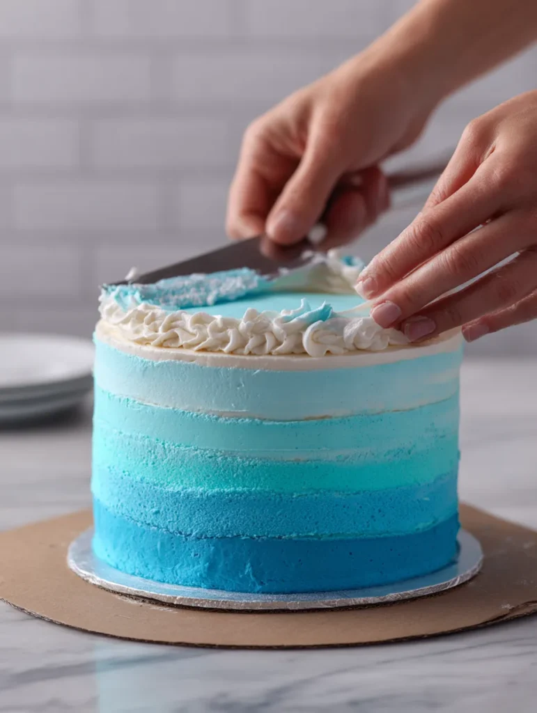 assembling gender reveal cake with blue filling