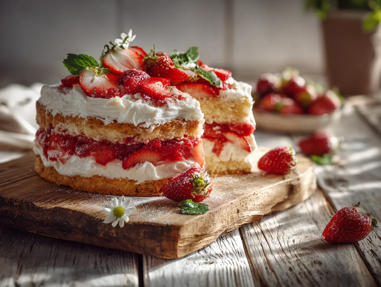Strawberry cheesecake cake on wooden table