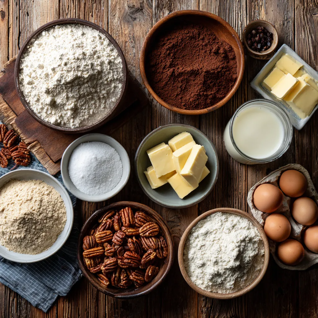 texas sheet cake ingredients flat lay on wooden table