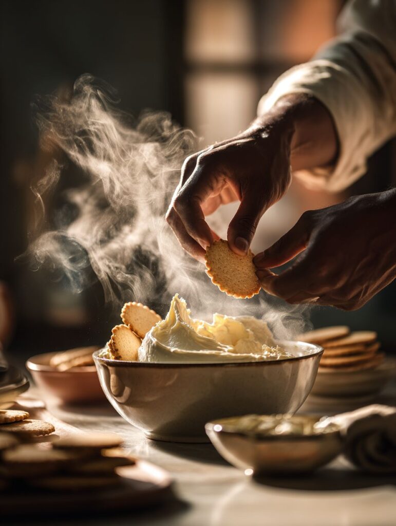 Hands dipping vanilla wafers into coffee for tiramisu preparation.