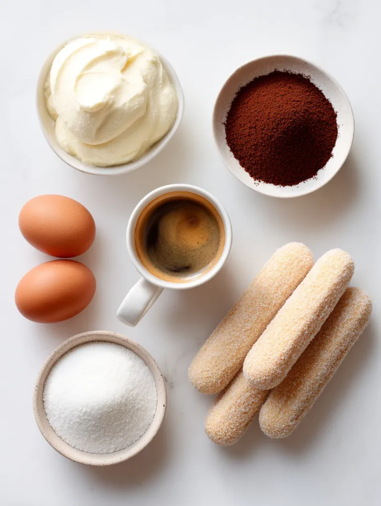 tiramisu ingredients flat lay on wooden table