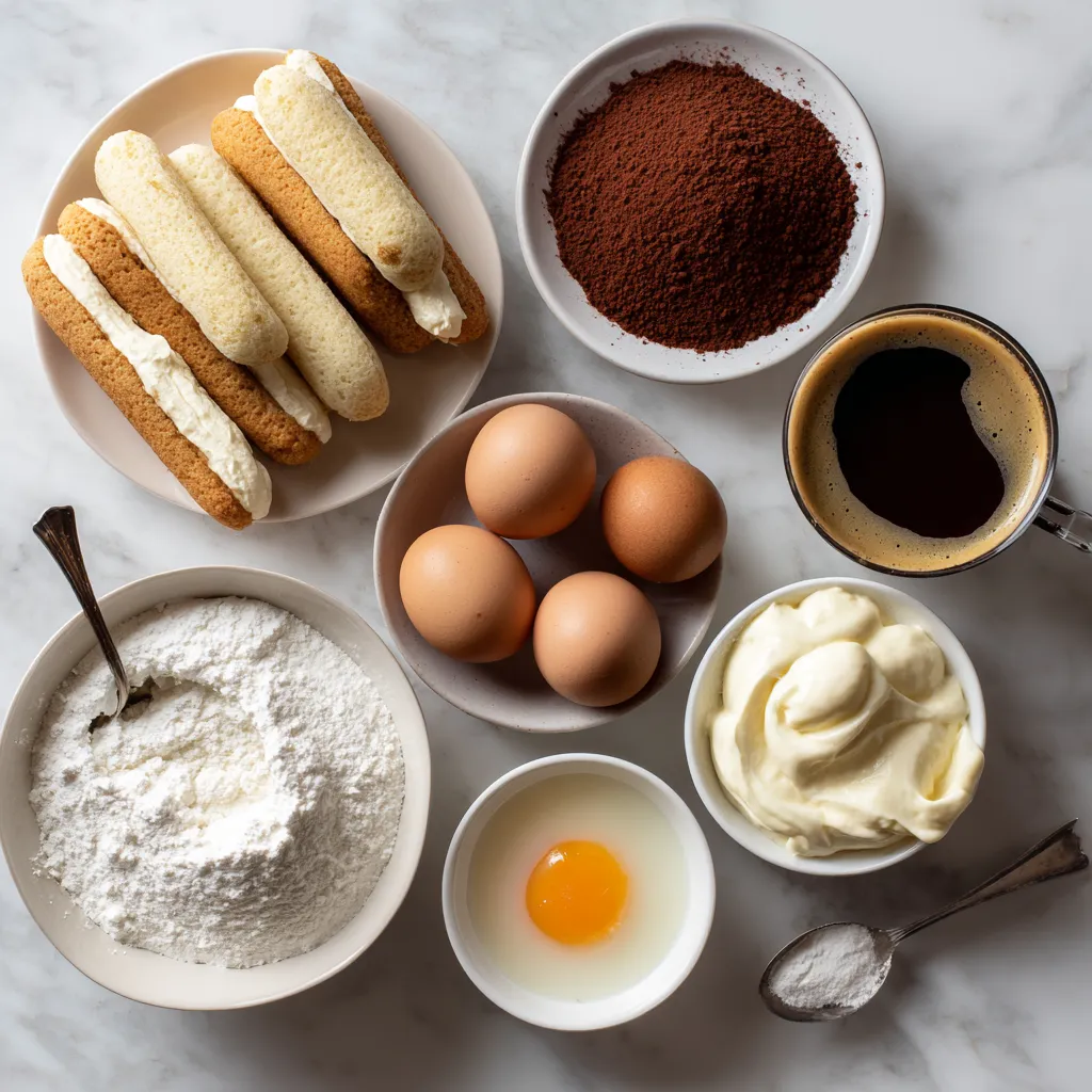 Ingredients for tiramisu dessert recipes displayed on a marble surface