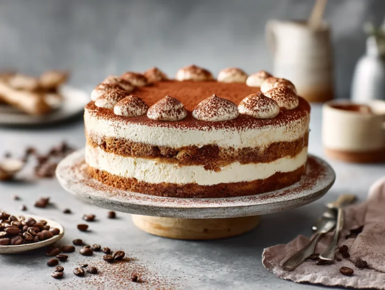 tiramisu layered like cake with cocoa and mascarpone
