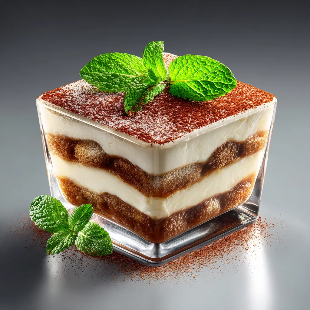 cut tiramisu in dish showing creamy layers