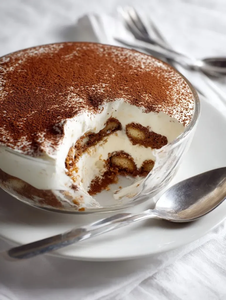 served tiramisu in glass dish