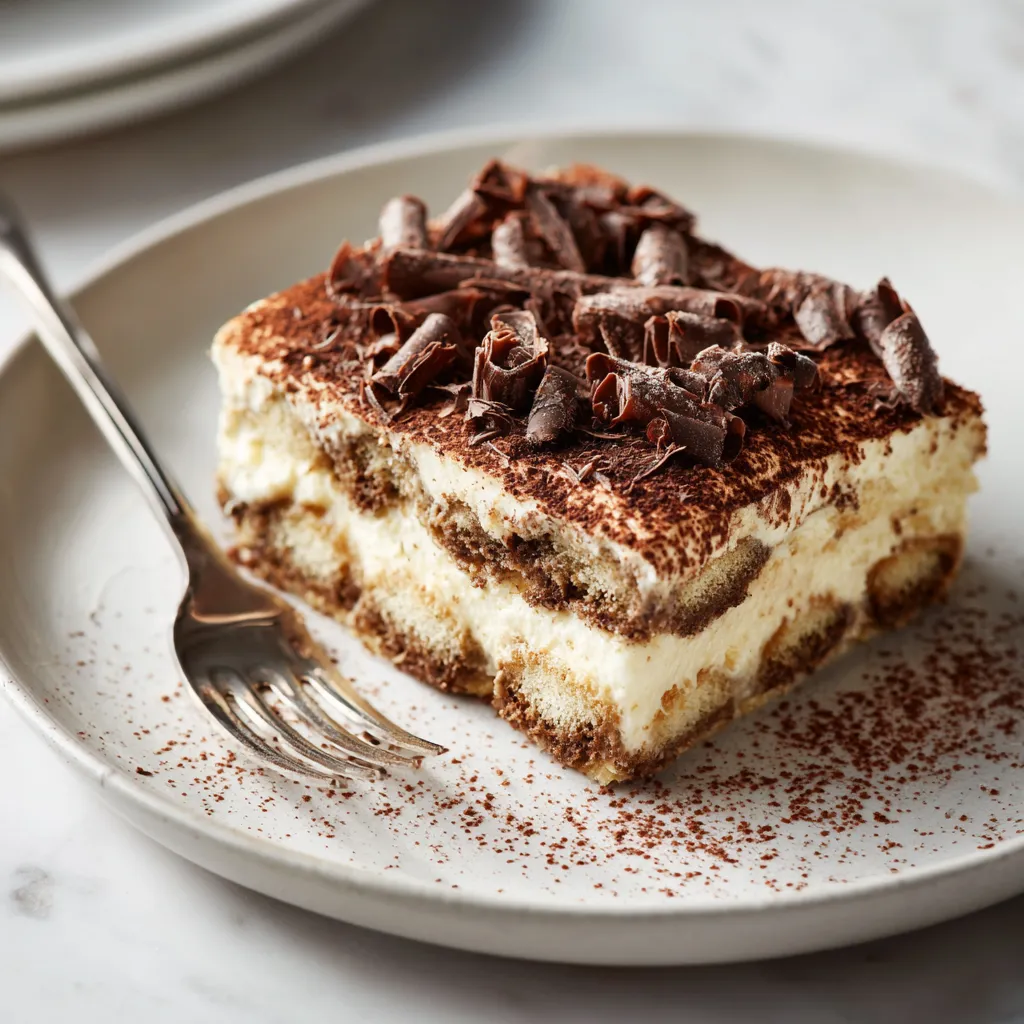 Served slice of tiramisu with cocoa and chocolate garnish