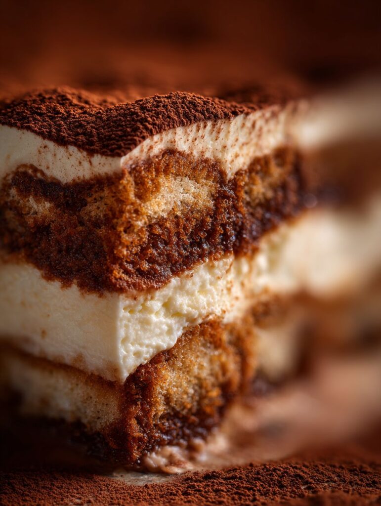 Close-up texture shot of tiramisu layers with mascarpone and cocoa.