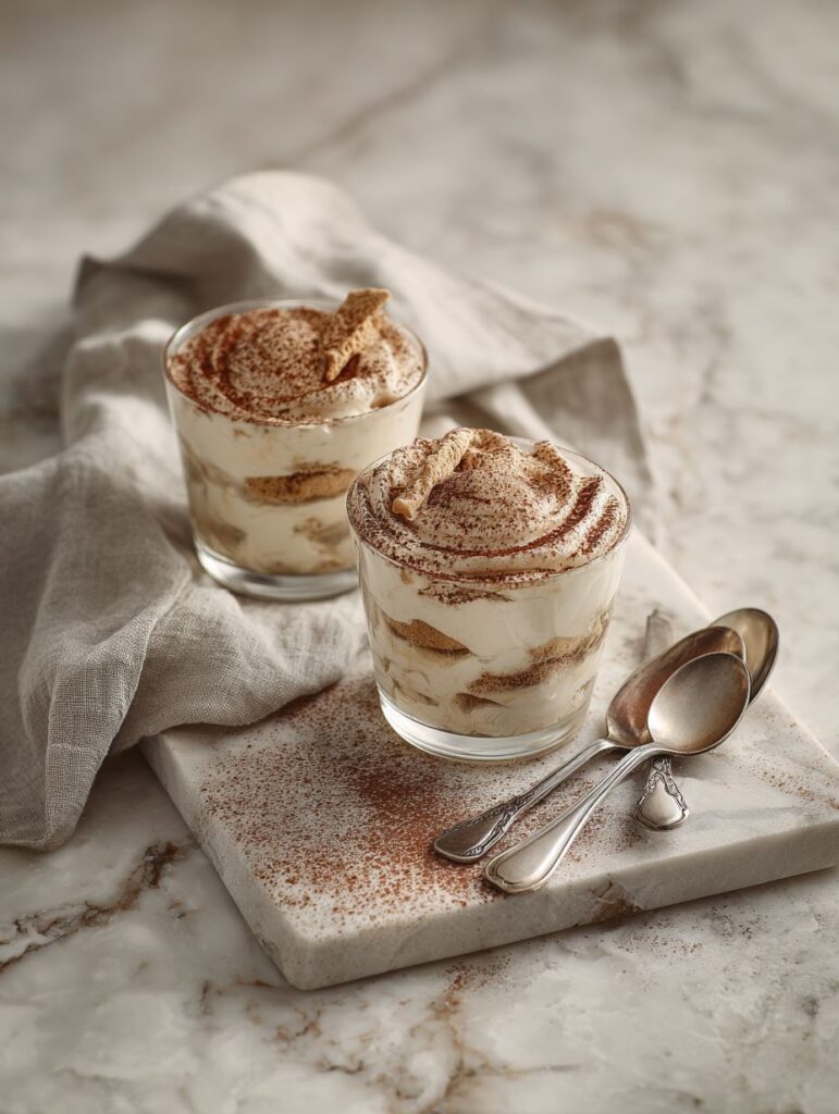 Tiramisu with vanilla wafers served in cups with spoons on a marble table.