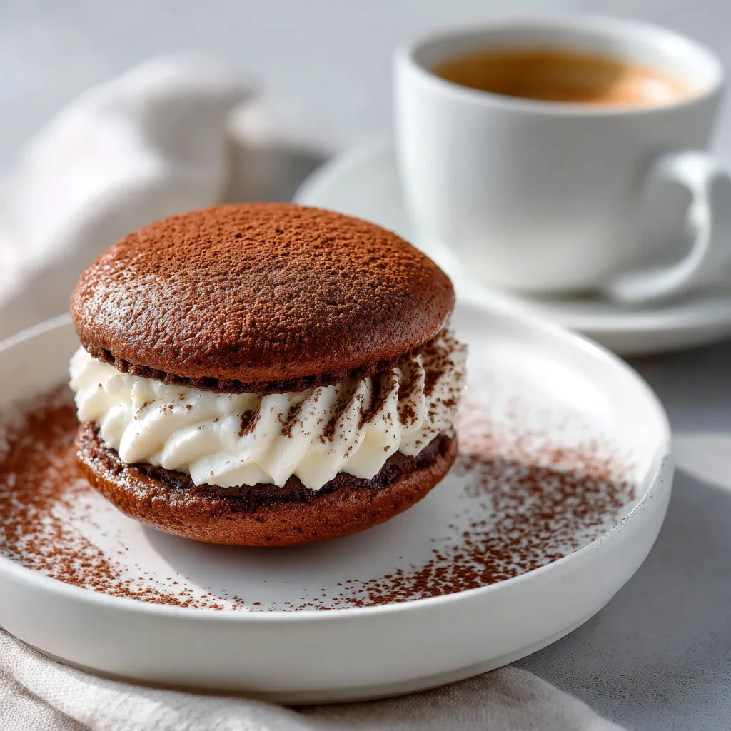 close-up of tiramisu whoopie pie with mascarpone and espresso cookies