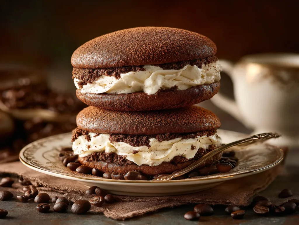 stack of tiramisu whoopie pies with cocoa and mascarpone cream