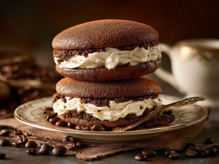 stack of tiramisu whoopie pies with cocoa and mascarpone cream