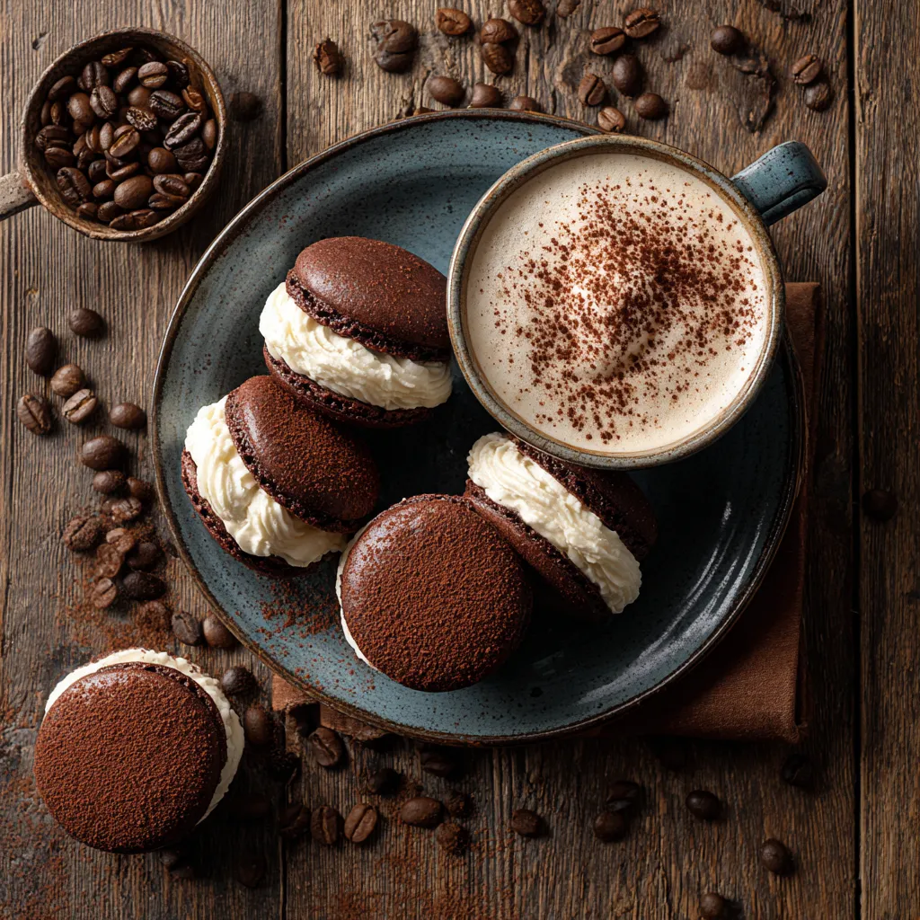 tiramisu whoopie pies served with cappuccino and cocoa topping