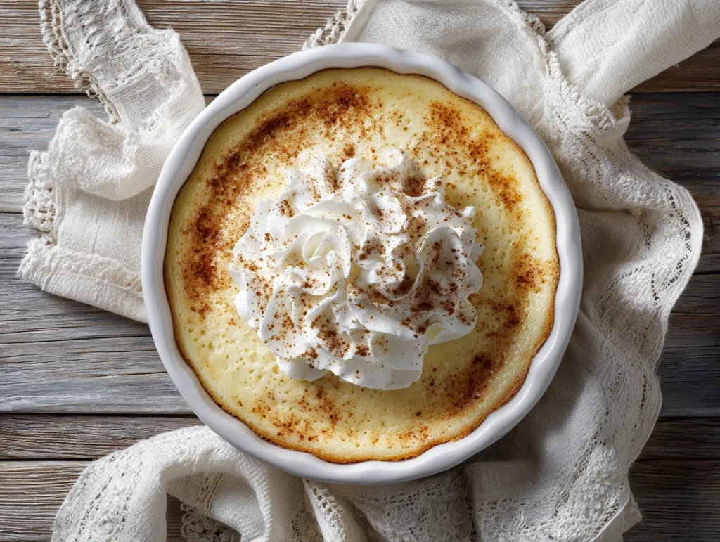 triple leches cake with whipped topping in ceramic dish