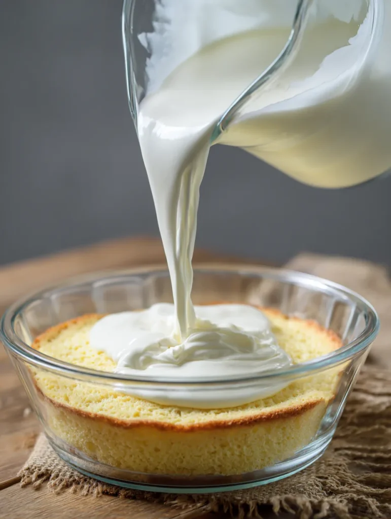 pouring milk over sponge cake