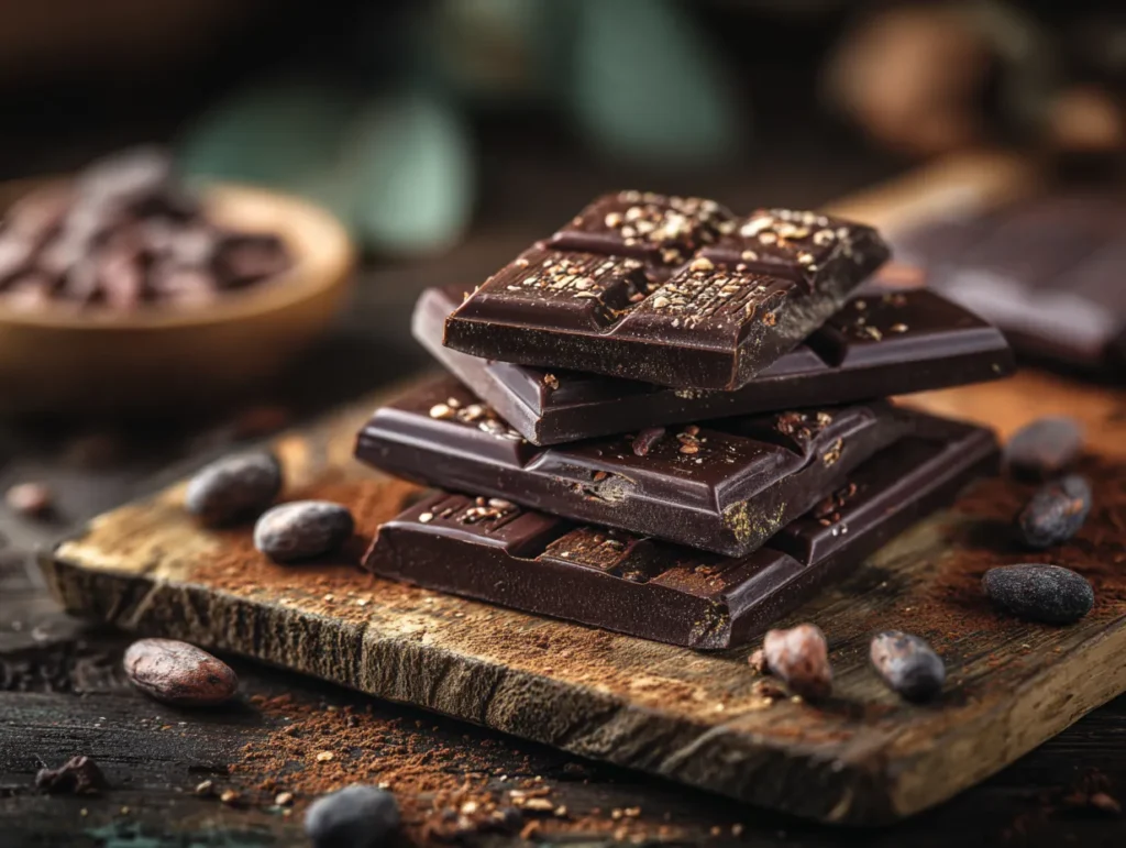 Assortment of premium vegan chocolate bars on a wooden board.