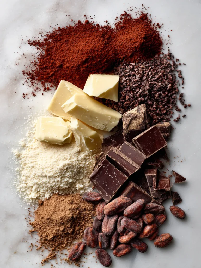 Flatlay of ingredients typically used to make vegan chocolate.