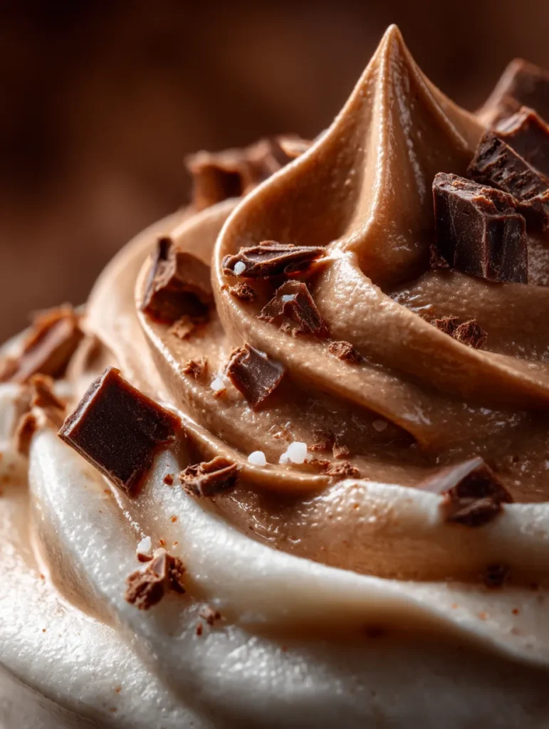 Close-up of creamy vegan chocolate mousse topped with chocolate shavings.