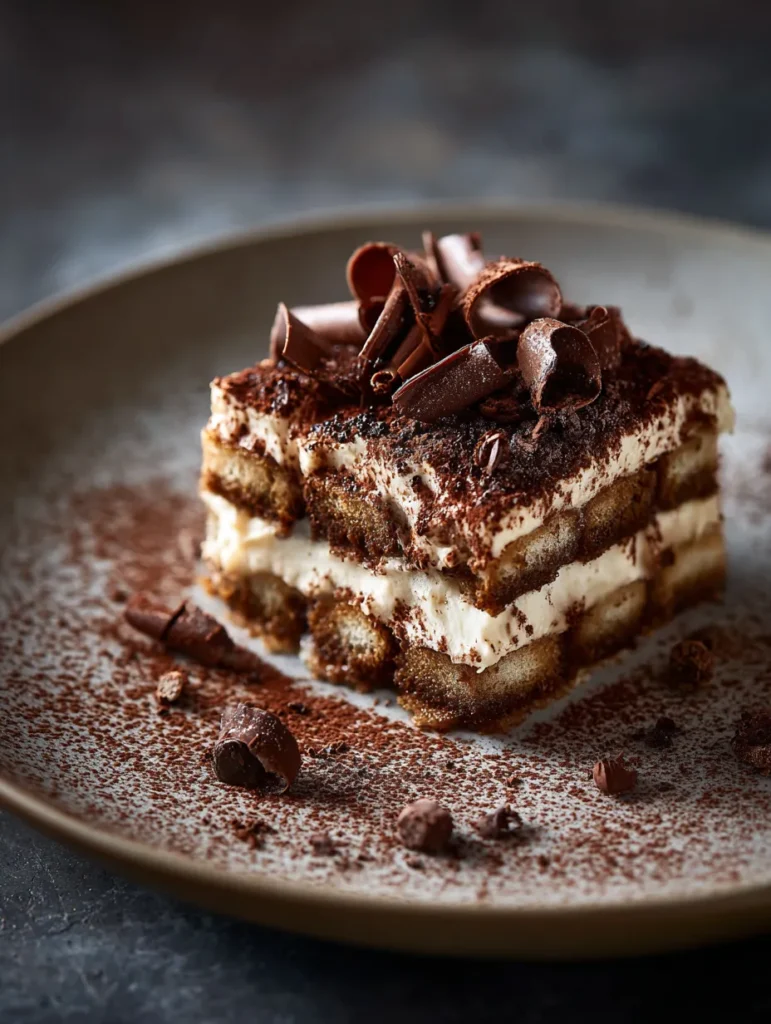 Slice of vegan chocolate tiramisu on a dessert plate.