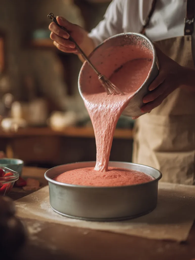 Creamy Strawberry Cake – Fluffy, Fresh & Easy to Make 2 strawberry cake batter being poured into cake pan