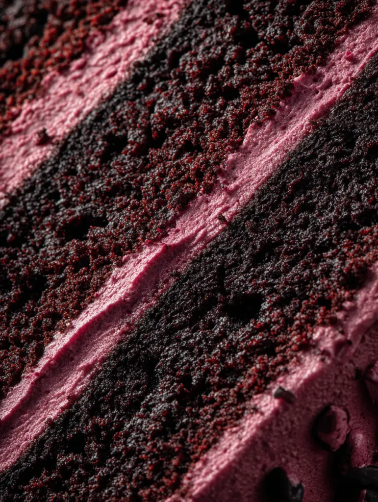 Decadent Blackberry Velvet Gothic Cake Lush Cream Filling Inside 9 Close-up texture of blackberry velvet cake layers.