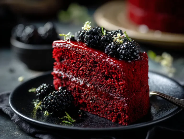 Gothic blackberry velvet cake with cream filling.