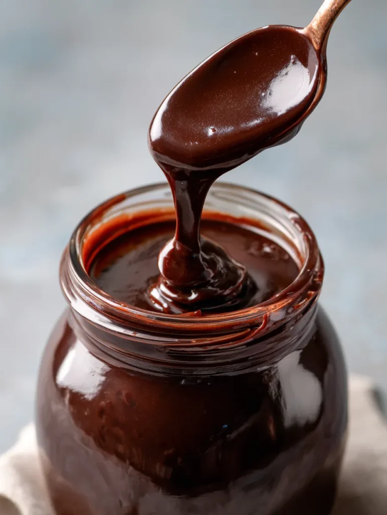 3 Ingredient Hot Fudge Sauce That’s Rich and Glossy 4 brahim a Close up of thick hot fudge sauce in a glass jar wit f6cf91e3 45e5 442f a46c f3475c9485ef 0