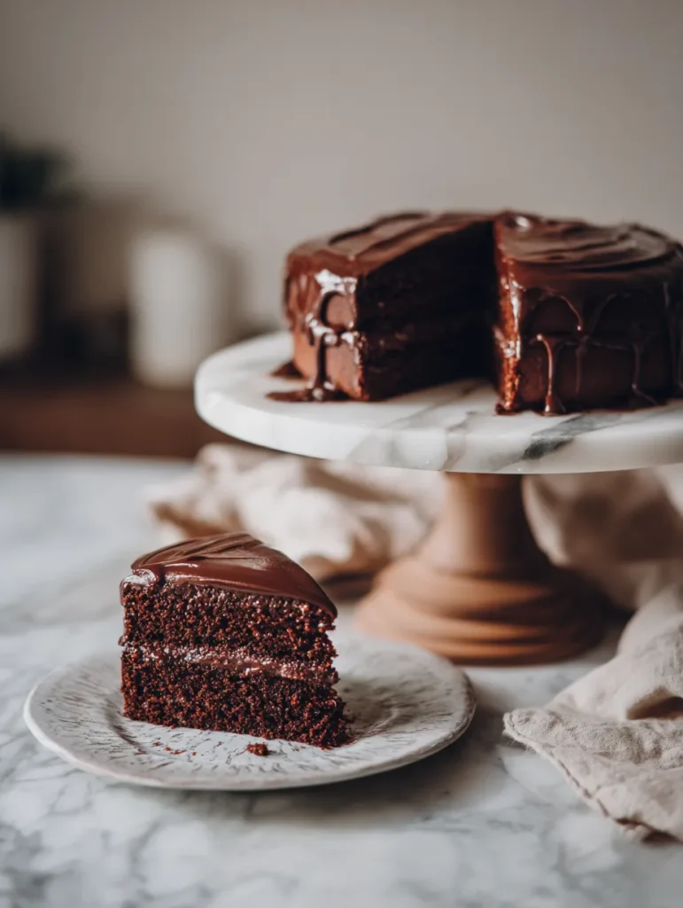 Chocolate Ganache Cake That Melts in Your Mouth 11 Whole chocolate ganache cake and slices on marble stand
