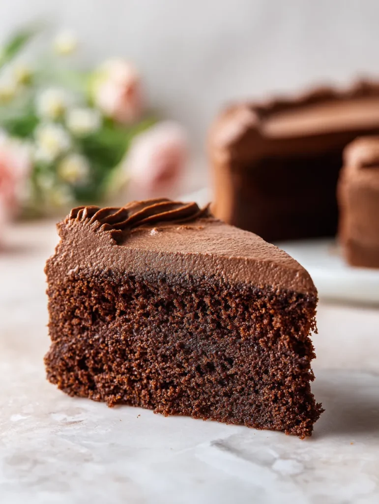 brahim a Moist chocolate cake slice on a light marble surface a595fca7 3cbe 4d19 9573 c8747e5ab3c9 3