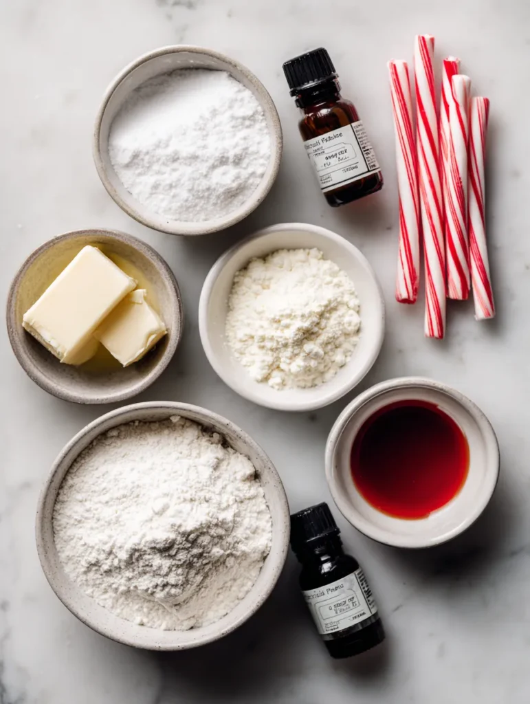 Flatlay of ingredients for Magic of Candy Cane Cookies.