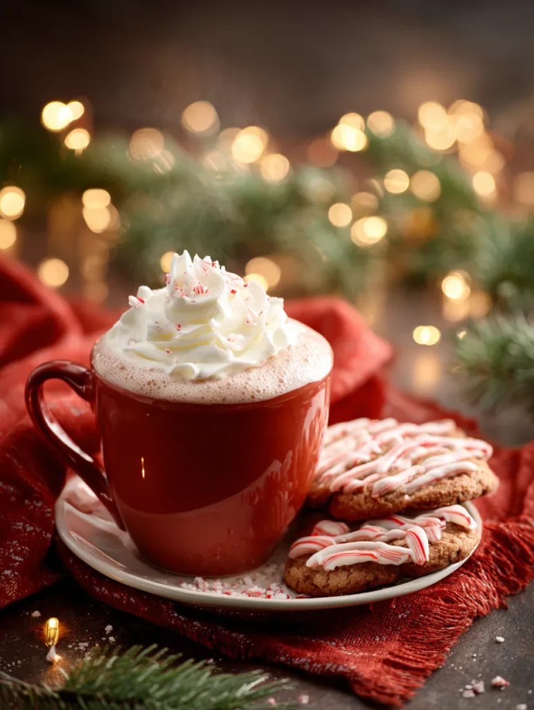 Candy cane cookies served with hot cocoa.