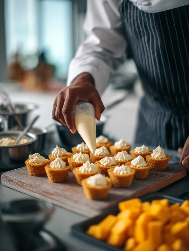 Chef James preparing mango kunafa cups in the kitchen.