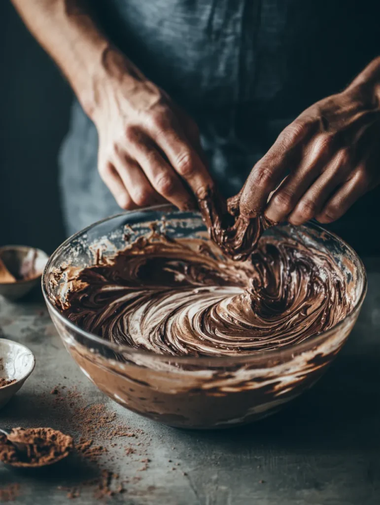 Chocolate Cheesecake Bars (Creamy, Decadent & Easy Dessert Squares) 8 Mixing creamy chocolate cheesecake batter in bowl.