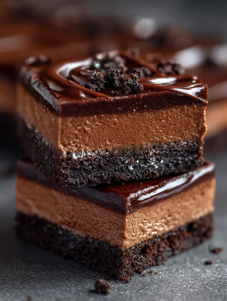 Chocolate Cheesecake Bars (Creamy, Decadent & Easy Dessert Squares) 9 Close-up of chocolate cheesecake bar with ganache.