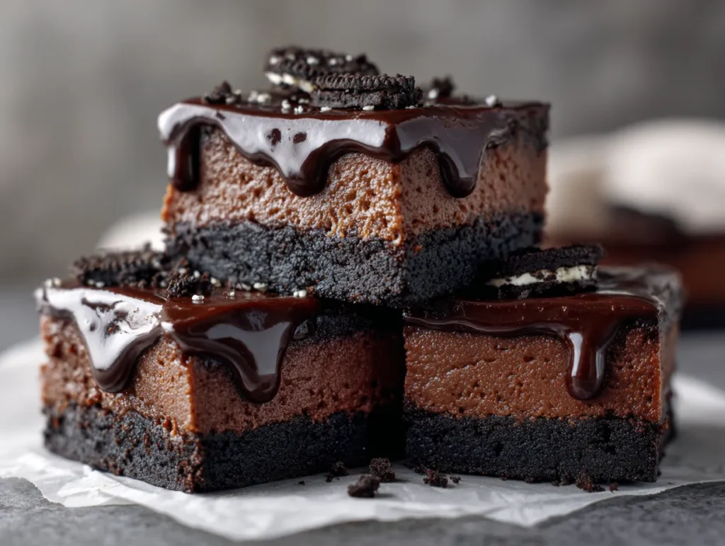 Chocolate cheesecake bars with crust and ganache on parchment.