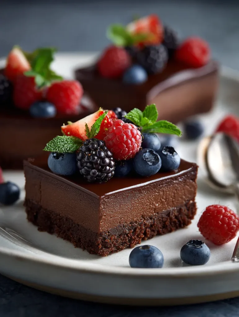 Chocolate Cheesecake Bars (Creamy, Decadent & Easy Dessert Squares) 6 Chocolate cheesecake bar served with berries on plate.