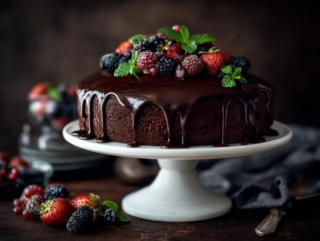 Chocolate ganache cake with glossy ganache and berries