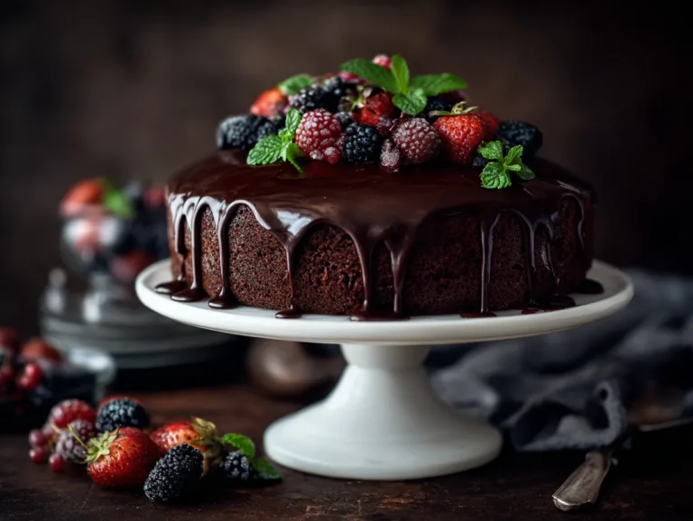 Chocolate ganache cake with glossy ganache and berries