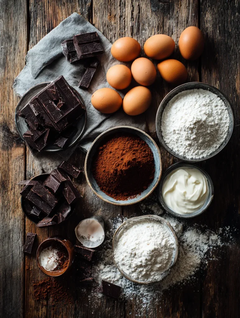 Chocolate Ganache Cake That Melts in Your Mouth 8 Ingredients for chocolate ganache cake on wooden surface