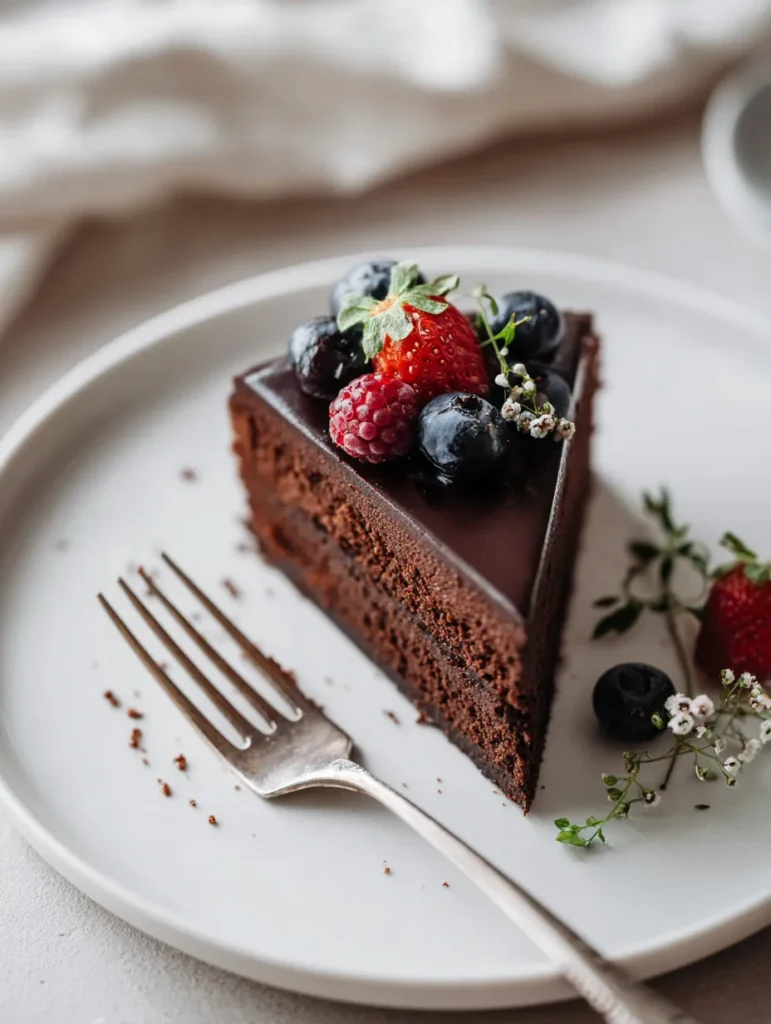 Chocolate Ganache Cake That Melts in Your Mouth 7 Slice of chocolate ganache cake with berry garnish
