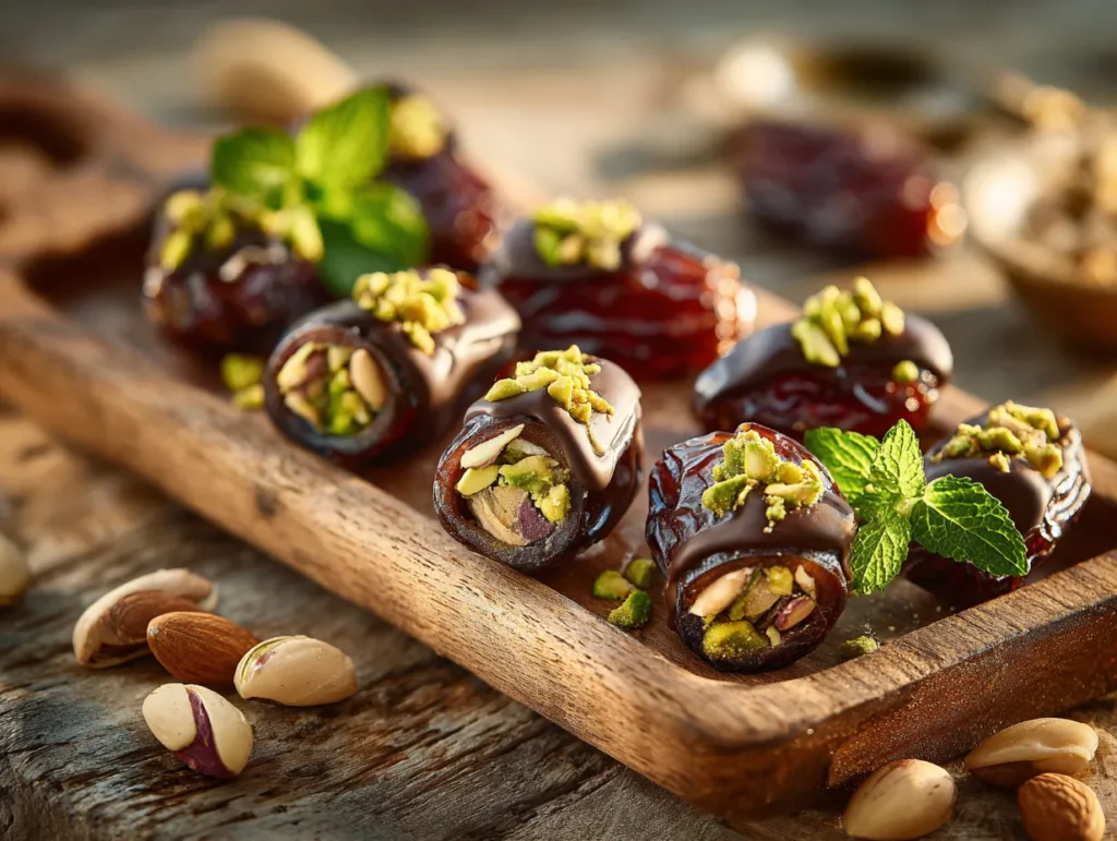 Chocolate stuffed dates coated in dark chocolate with sea salt on a plate.