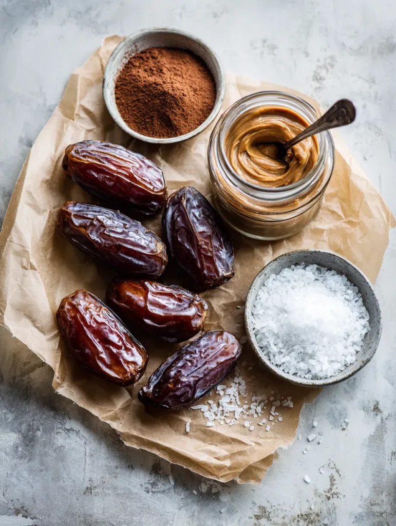 Ingredients for making chocolate stuffed dates displayed on a table.