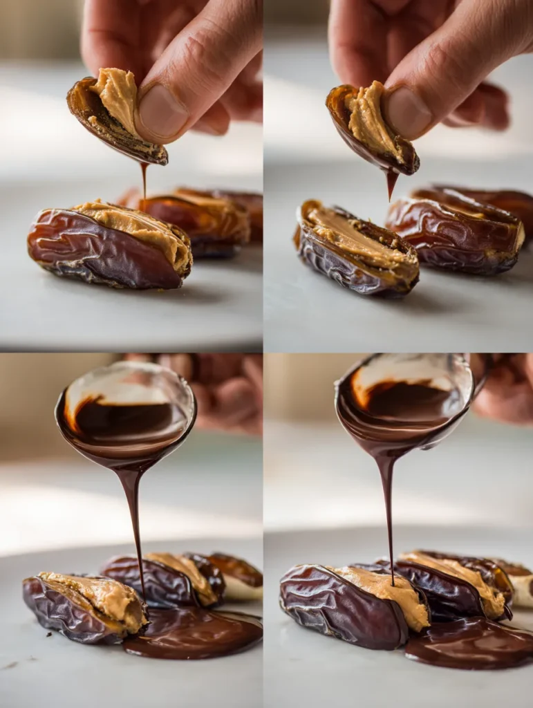 Step-by-step preparation of chocolate stuffed dates.