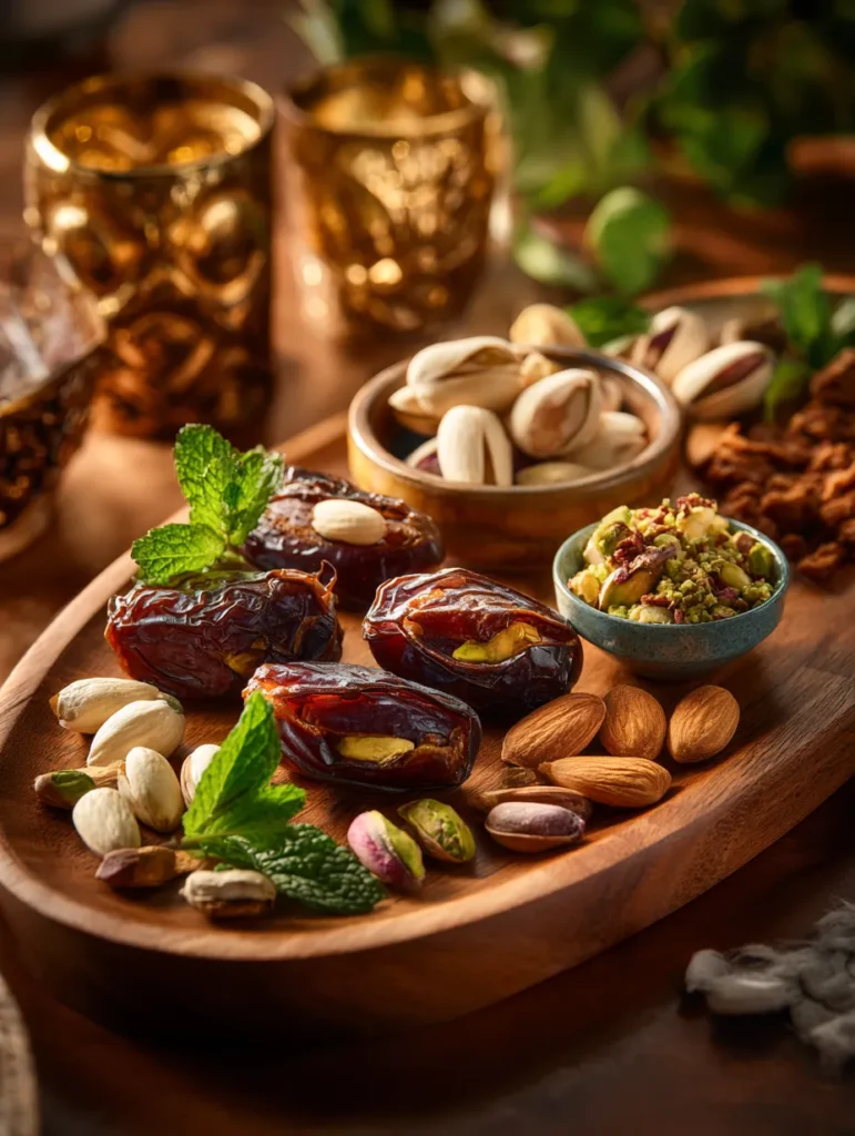 Chocolate stuffed dates served on a dessert board.