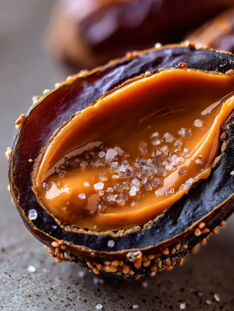 Close-up of chocolate stuffed date showing peanut butter filling.