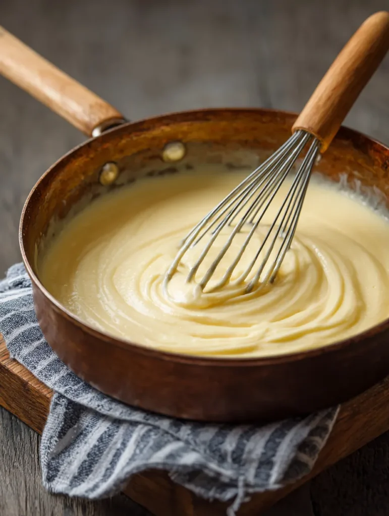 Strawberry Custard Cake – Fluffy, Creamy & Perfect for Summer 9 Cooking vanilla custard in saucepan